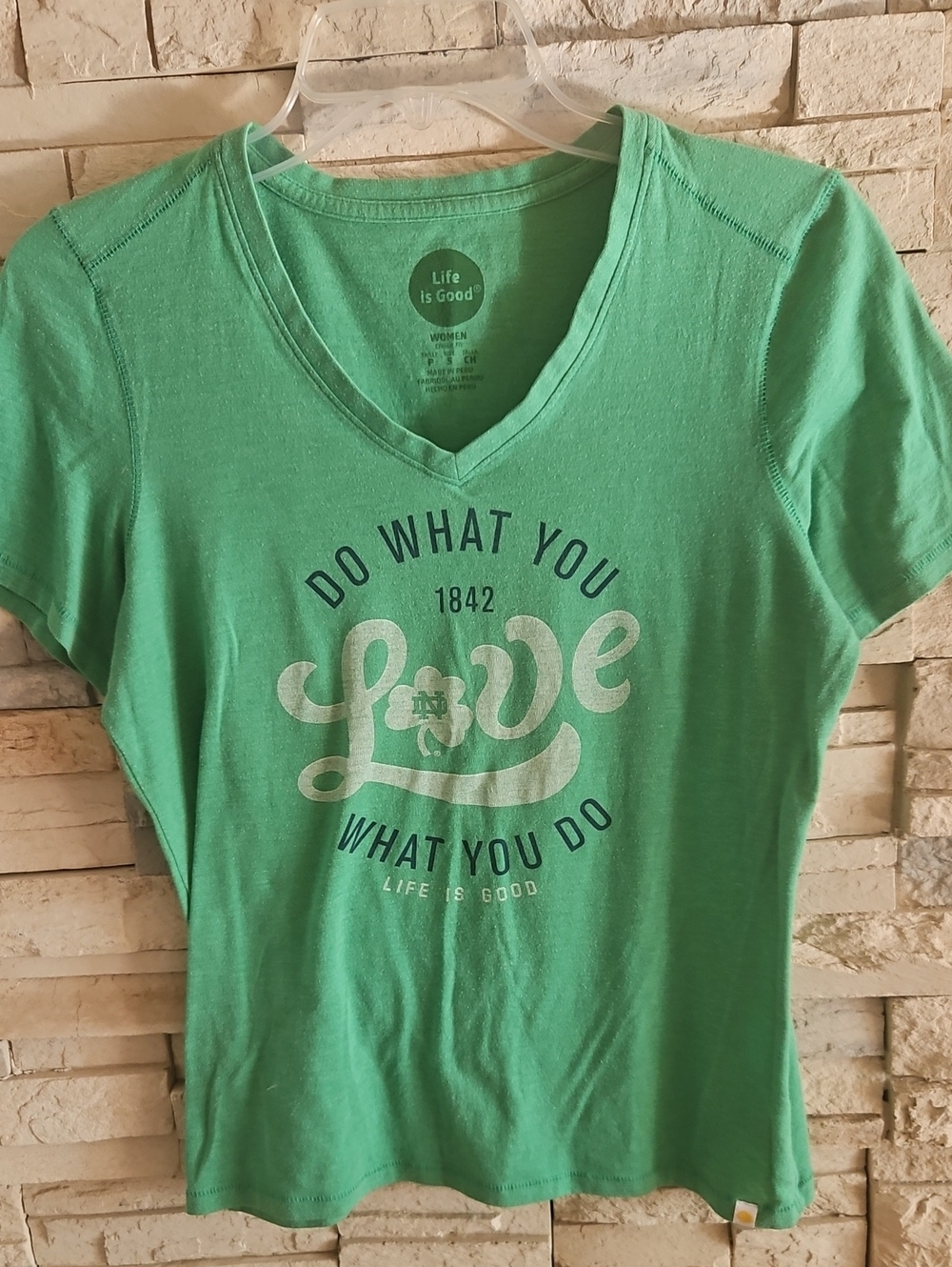 Life Is Good Women's V-Neck Tee in Mint Green with 'Do What You Love' Graphic